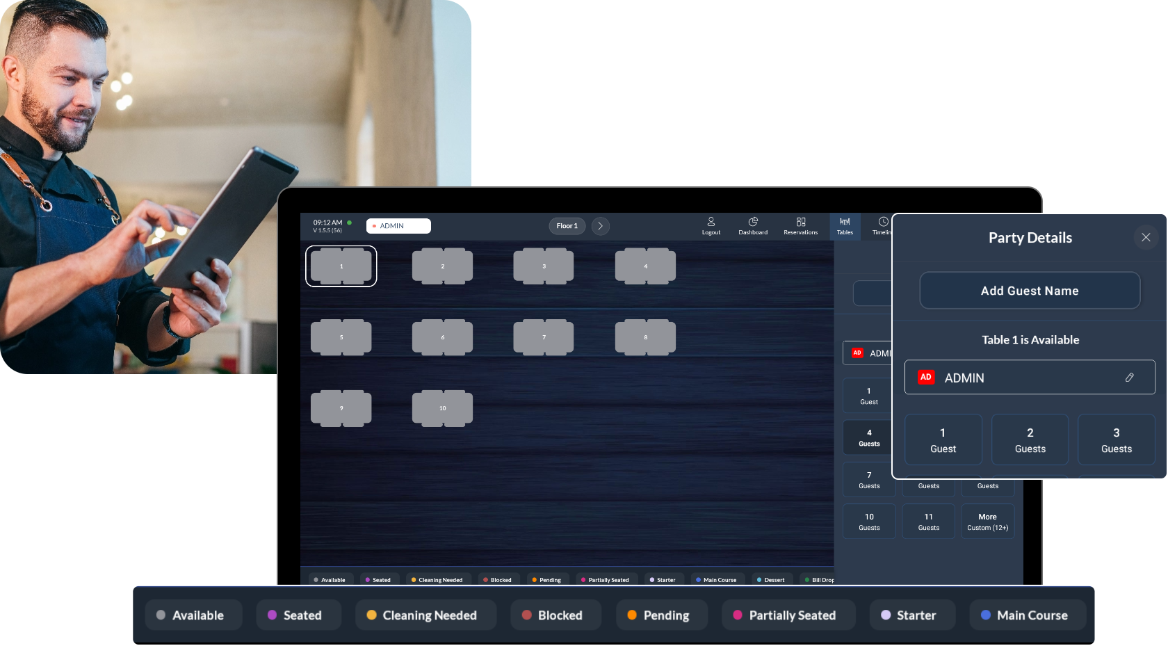 Table management system running across multiple dashboard devices