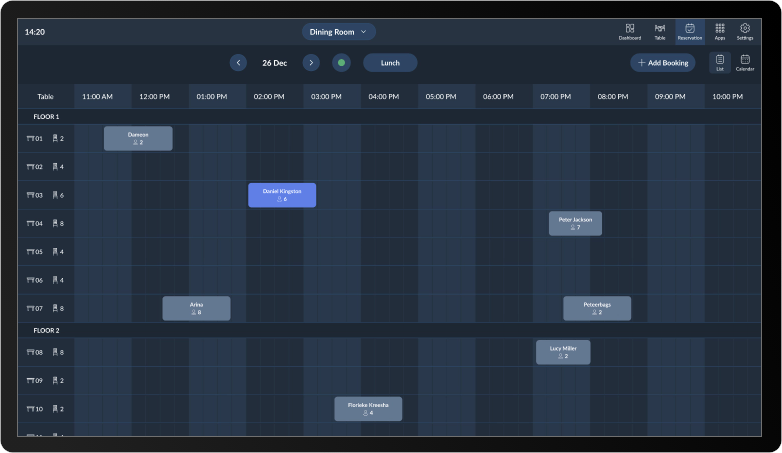 Real-time timeline table bookings scheduling dashboard mockup